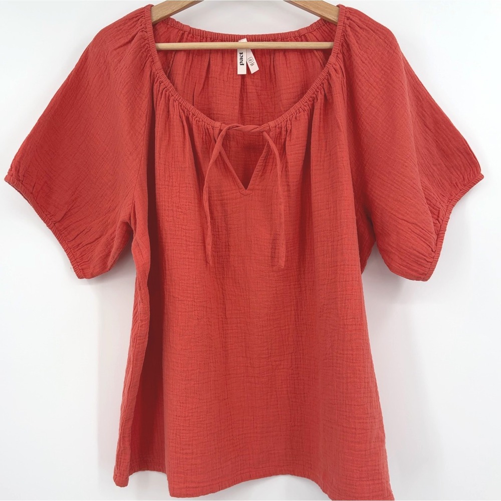 Pact Women's Terracotta Tie-Neck Peasant Blouse